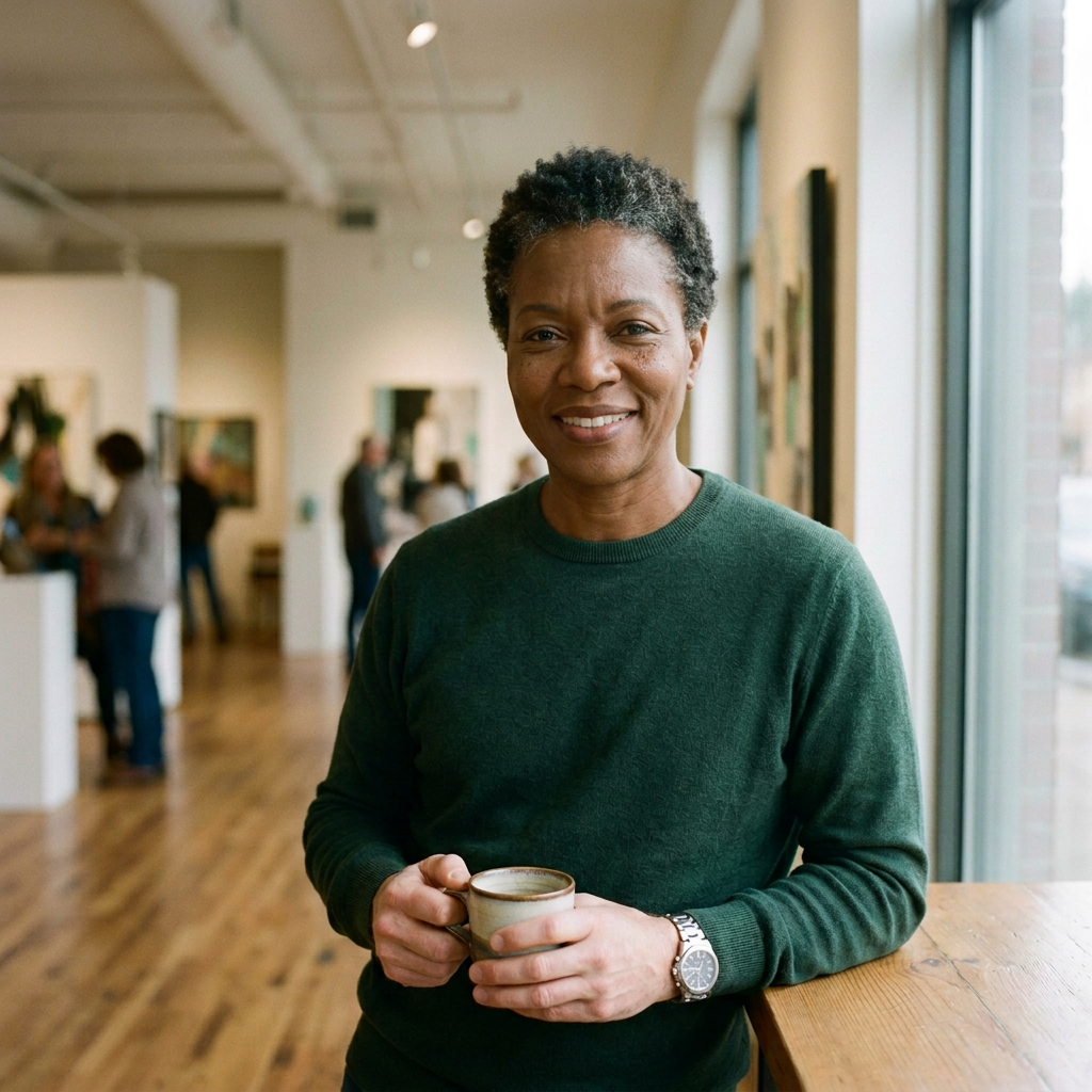 Man holding coffee in a bright contemporary art gallery